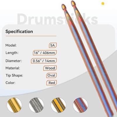Drumsticks for Drums, Wooden Drum Sticks, Consistent Weight and Pitch, Durable and Drum Stick for Jazz Drum Electronic Drums set, Drum Stick for Professional, Beginners (Black & Red, 5A) image 2