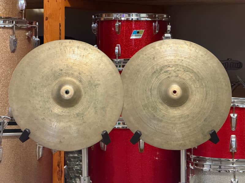 1940's Zildjian 15" Trans Stamp Hi Hat Cymbal Set US Military Transitional image 1