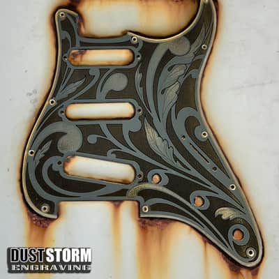 Engraved Pickguard & Free Tremolo Cover in Yellow Gold Acrylic Mirror Design #1 for Fender Stratocaster SSS, HSS, HSH Setups Available image 2