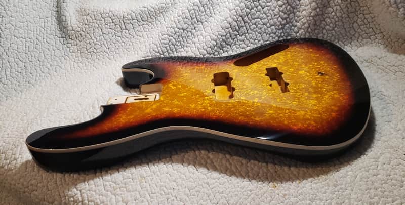 Make a fair offer on our LAST killer Sunburst Pearl( Moto ) Celluloid, Roasted Alder body. Made to fit a Jazz Bass neck image 1