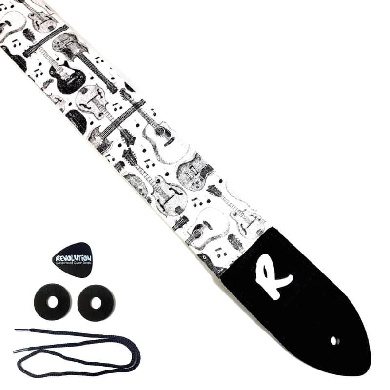 Guitar Collage Guitar Strap- Black White Guitars Composition Strap - Guitars Line Drawings - Works for Electric, Bass, or Acoustic Guitars image 1