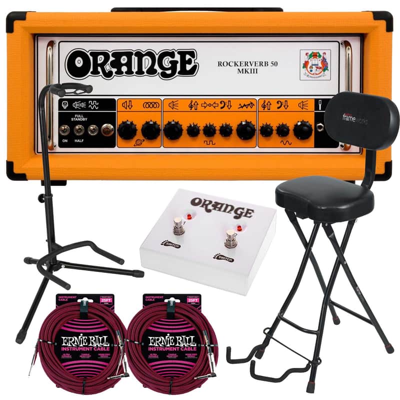 Orange Rockerverb 50 MKIII Tube Head, Orange FS-2, Gator GFW-GTR-1000 Stand, Gator GFW-GTR-SEAT, (2) Ernie Ball PO6062 Bundle