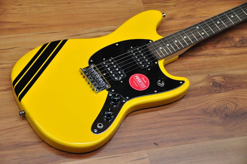 Squier FSR Bullet Competition Mustang HH Yellow w/Black stripes image 1