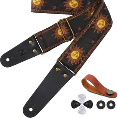 Guitar Strap, Sun Embroidered Cotton Guitar Strap with Head Cowhide Leather Ends for Bass, Electric and Acoustic Guitars, Free Strap Button, 1 Pair of Strap Locks and 4 Guitar Picks image 1