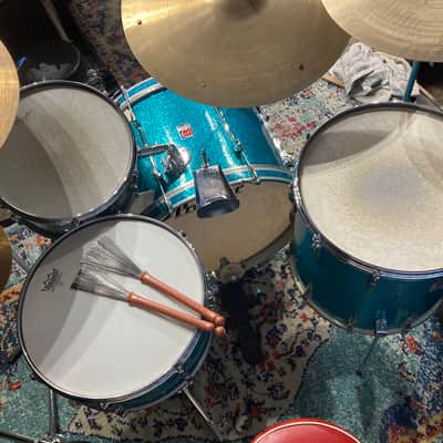 Premier 4-Piece Drum Set, 22", 16", 12" and 14x5.5" Matching Snare Drum, Hardware and Cases, All Original!! 1966 - Aquamarine Sparkle image 16