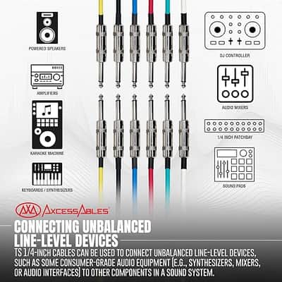 Audio 1/4-Inch TS Patch Guitar& Bass Amp Cables - Metal Connectors, OFC Copper Wire | TS 1/4" Mono Guitar Cables| Male to Male 3ft Multicolor Instrument Patch Cords (3ft - 6 Pack) image 2