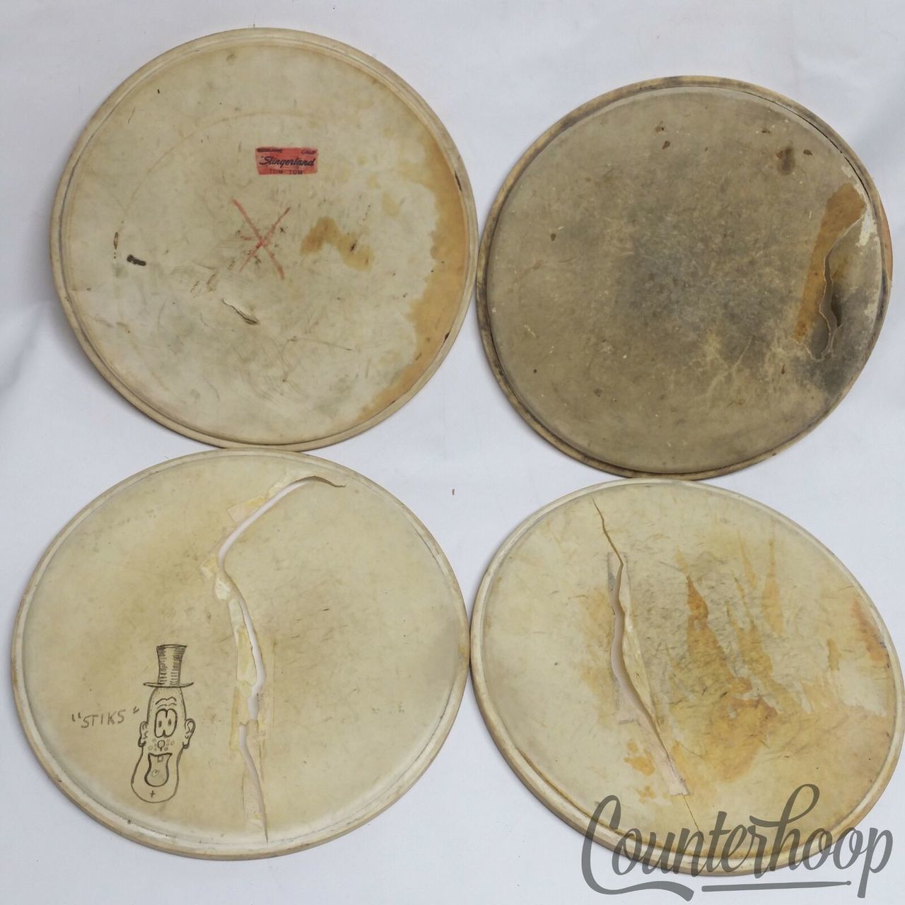 Slingerland 4x 12" Calf Skin Tom Drum Heads Maple Flesh Hoops Parts Vintage 50s — main photograph