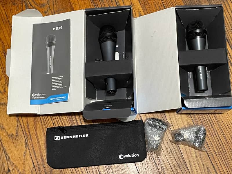 TWO Sennheiser e835 Handheld Cardioid Dynamic Vocal Microphone 1998 - Present - Dark Grey with BONUS: TWO (20', Black) Kopul Premium Performance 3000 Series Neutrik XLR Male to XLR Female Microphone Cables