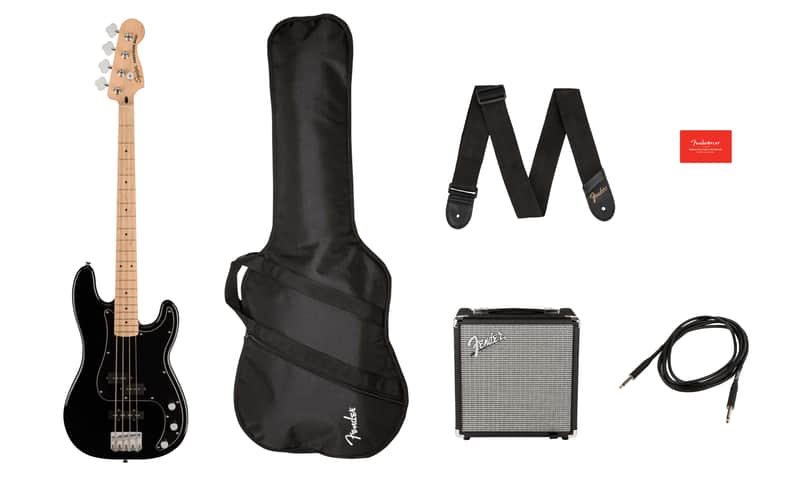 Fender E118- Affinity Series™ Precision Bass® PJ Pack, Maple Fingerboard, Black, Gig Bag, Rumble 15 – 120V  - Black image 1
