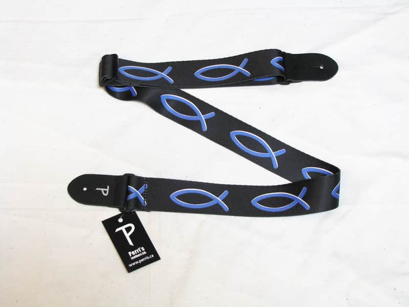 PERRI's Jesus Fish blue on black polyester Guitar STRAP - new - 2" wide image 1