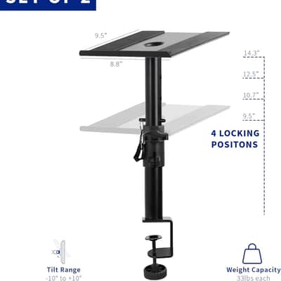 Clamp-on Speaker Stand Desk Mount Set, 10 x 9 inch Trays, Height Adjustment and Tilt, Universal Audio Holders for Computer and Bookshelf Speakers, Elevated Sound, 2 Pack, Black, MOUNT-SP01CB image 3