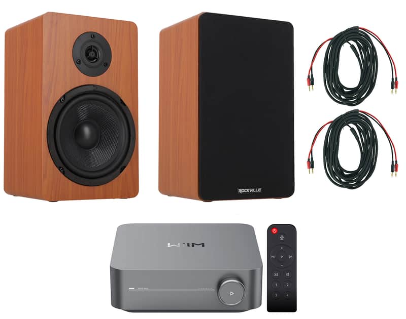 (2) Rockville RockShelf 68C 360w 6.5" Wood Bookshelf Speakers+Wifi Amp Receiver image 1