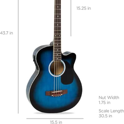 Acoustic Electric Bass Guitar, Full Size 4 String, Fretted Bass Guitar w/Padded Gig Bag - Blue image 2