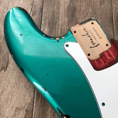 FRANCHIN Jupiter bass body Relic Aged Sherwood Green Metallic over 3-Color Sunburst with Ferrari Red racing Stripe 100% Nitro Lacquer Cracks Alder Precision-Style Made in Italy - Stock piece #23200726 image 7