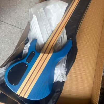 Blue Burst Fretless 5 String Electric Bass, Ash Wood Top Body, Maple Neck Through image 2