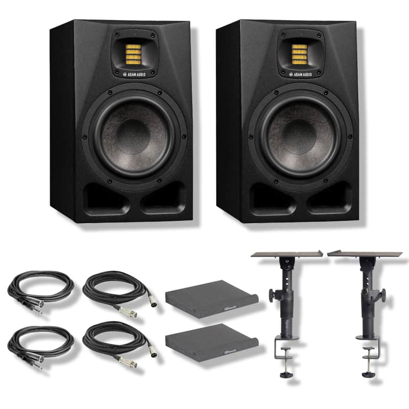 Adam Audio A7V Studio Monitor (Pair) with Clamp-On Studio Monitor Stands, Large Isolation Pads, Balanced Interconnect Cables, and XLR Cables image 1