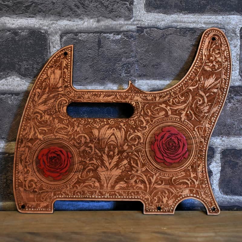 Wood Pickguard for Fender Telecaster Laser engraved Real Cherrywood with Unique Artwork image 1