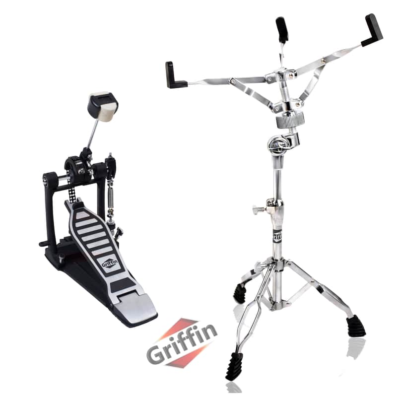 Single Kick Bass Drum Pedal & Snare Drum Stand Package (2-Piece Kit) by Griffin |Deluxe Double-Chain Foot Percussion Kit with 4-Sided Beater & Adjustable Power Cam System for Intense Play image 1
