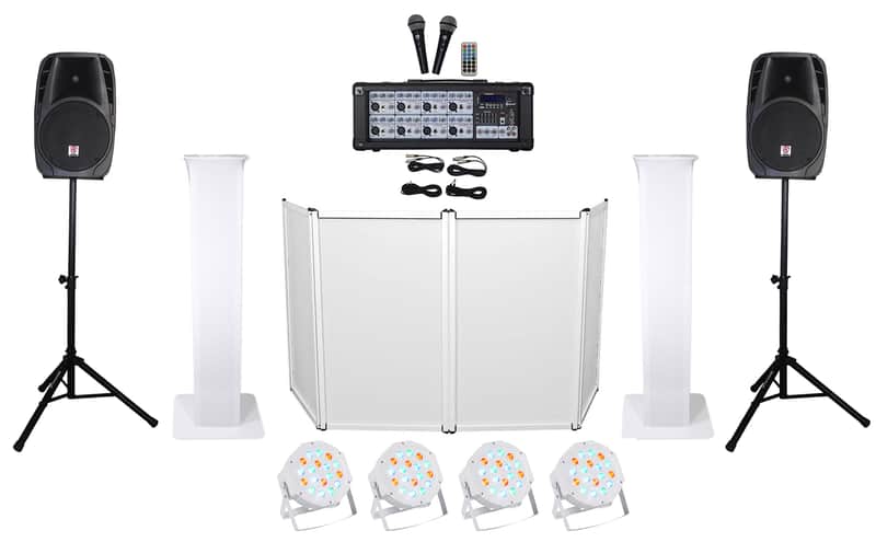 DJ Package w/(2) 12" Speakers+Bluetooth Mixer+Mics+Totem Stands+Facade+Lights image 1