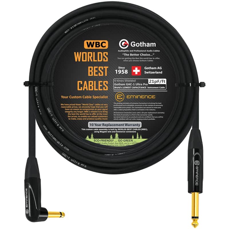 20 Foot - Gotham GAC-1 Ultra Pro - Premium, Low-Capacitance Guitar Bass Instrument Cable - with Straight to Angled 1/4 Inch Eminence Gold Plated Connectors image 1