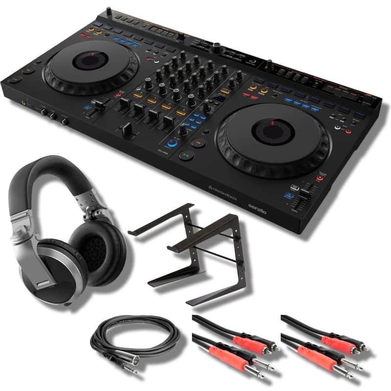 AlphaTheta DDJ-GRV6 4-Channel DJ Controller with Pioneer DJ HDJ-X5-S Professional DJ Headphones, On-Stage Stands LPT5000 Laptop Stand, and Essential Cables for Connecting to DJ Controllers image 1
