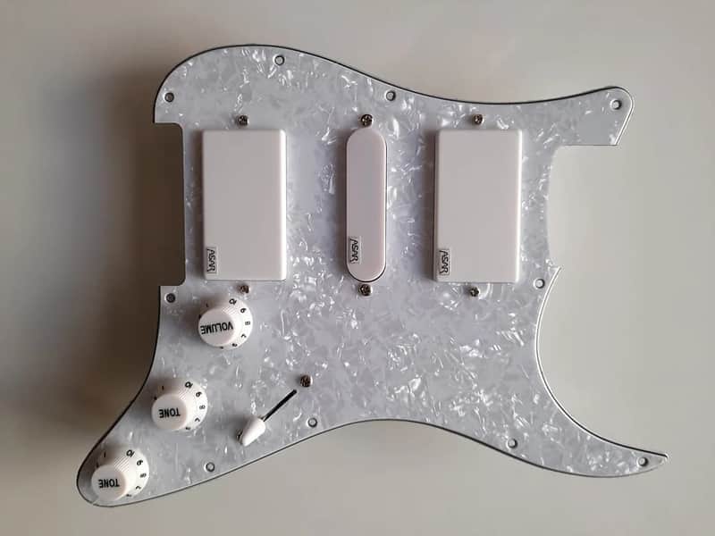Handmade prewired HSH Neodymium Strat pickguard with HB split switch TR BL and mid PU cutoff switch image 1