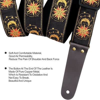 Sun & Moon Embroidered Guitar Strap w/ Leather Ends, Strap Locks & Picks for Acoustic Electric Bass Guitar image 7