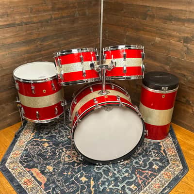 1968 Ludwig Red / Silver Sparkle Tri-Band Drum Set w/ Matching Canister Throne 22/13/13/16 image 13