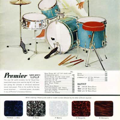Premier 4-Piece Drum Set, 22", 16", 12" and 14x5.5" Matching Snare Drum, Hardware and Cases, All Original!! 1966 - Aquamarine Sparkle image 2