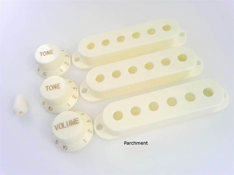 True Custom Shop® Parchment Single Coil Pickup Covers Tone & Volume Knobs & Tip Kit for Fender Strat image 1