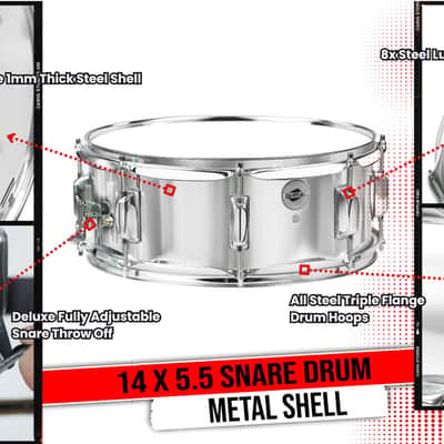 Griffin Metal Snare Drum - 14" x 5 - 5" Steel Chrome Shell - 8 Tuning Lugs & Snare Strainer Percussion Hardware Musical Instrument with Drummers Key for Students & Professionals image 11