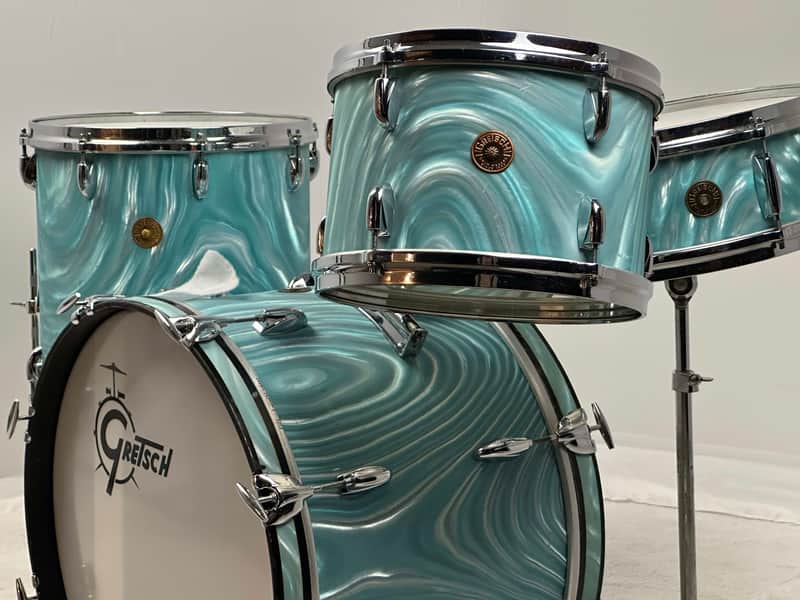 Gretsch 20/12/14/5.5x14" Progressive Jazz 60's Round Badge Drum Set - Aqua Satin Flame image 1