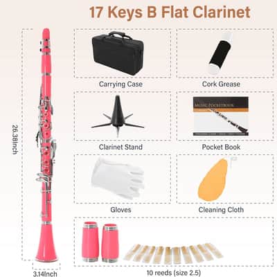 Flat Clarinet for Beginner, Ebonite Bb Clarinet with 2 Replaceable Barrels, 10 Reeds, Stand, Pocketbook, Mouthpiece, Hard Case, Gloves (Pink) Bild 2