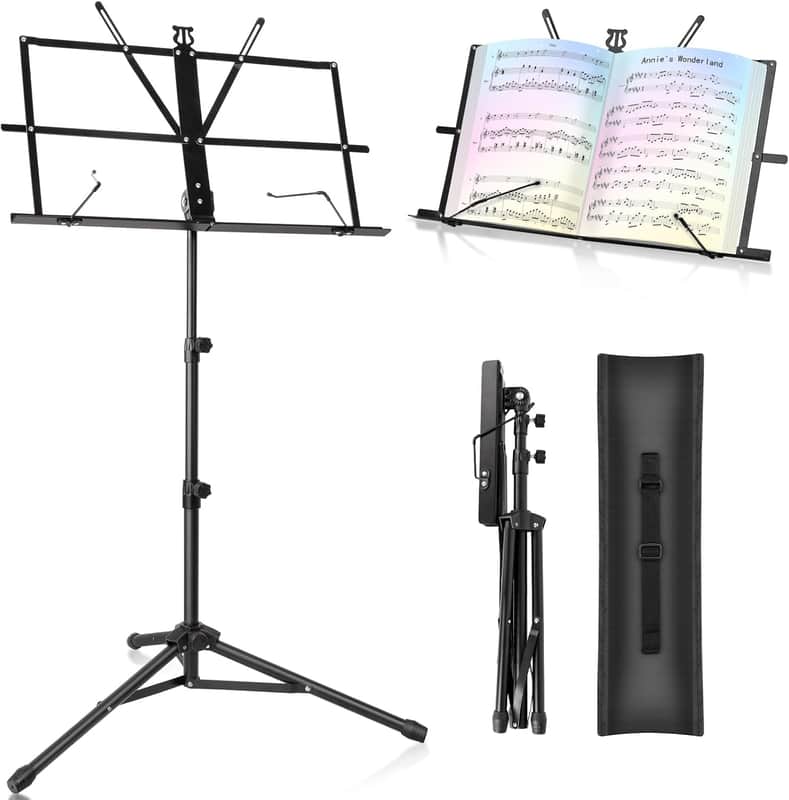 Music Stand for Sheet Foldable with Carrying Bag, Metal Sheet Music Stand Portable, Adjustable Podium Stand with Tripod Base and Sheet Music Folder - Black image 1