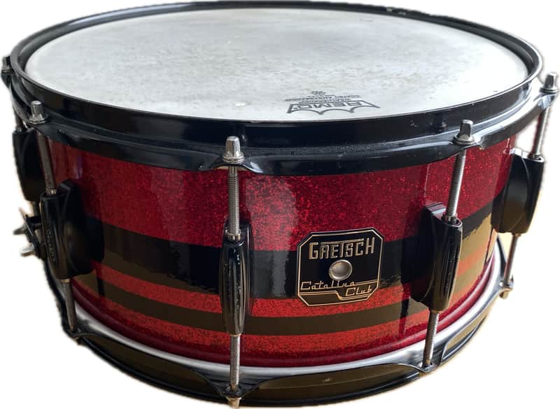 Gretsch Catalina Club Series 14x6.5 Mahogany Snare Drum - Red Sparkle w/ Black Rally Stripe Wrap image 1