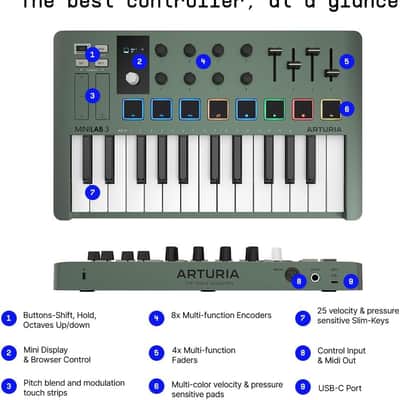 Arturia MiniLab 3 — Limited Edition Mint Green 25 Key USB MIDI Keyboard Controller With 8 Multi-Color Drum Pads, 8 Knobs and Music Production Software Included image 5