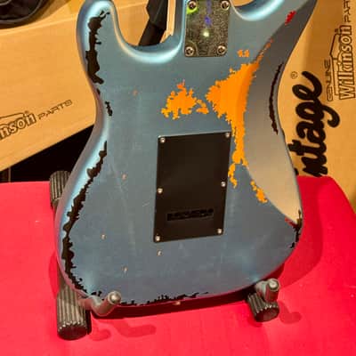 Vintage Guitars 30th Anniversary V6 Strat Overspray Relic  Super Flame Neck Lake Placid Gun Hill Blue image 13