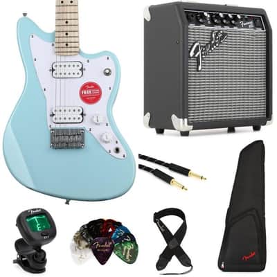 Squier Mini Jazzmaster HH Electric Guitar and Fender Frontman 10 Amp Essentials Bundle- Daphne Blue image 4