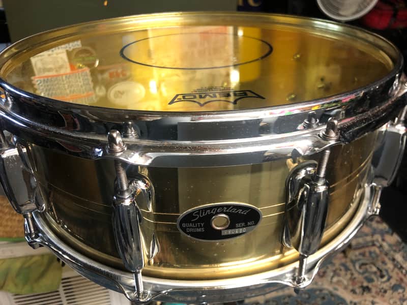 Slingerland Brass 10 lug 5"x14" lacquered Brass snare drum w/ DW MAG Throw off/3 position but plate image 1
