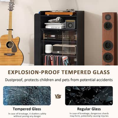 5-Tier Media Cabinet & Vinyl Record Storage Stand w/ RGB LED Lights, Glass Door, Power Outlets & Wheels – Black image 6