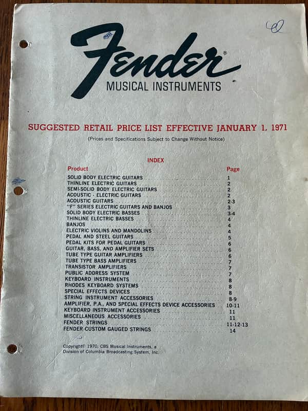 Fender Price List 1971 - Actual Fender musical Instrument Price List from 1971. It lists EVERYTHING Fender sold at that time with prices. image 1