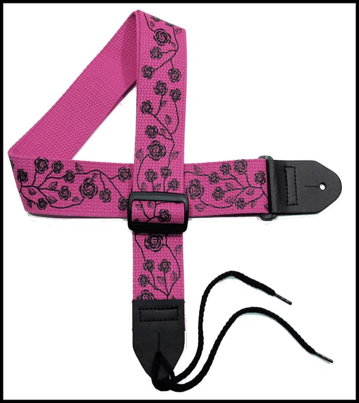 Girls Guitar Strap 2" Cotton Guitar Strap with Black Roses on a Fuschia Strap image 1