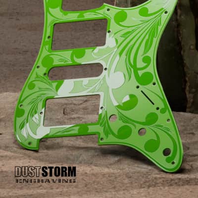Black Sparkle XGP Stratocaster Style Laser Engraved Guitar Body with Solid Slimer Green Acrylic Pickguard and Tremolo Cover HSH, HSS, SSS Setups Available image 3