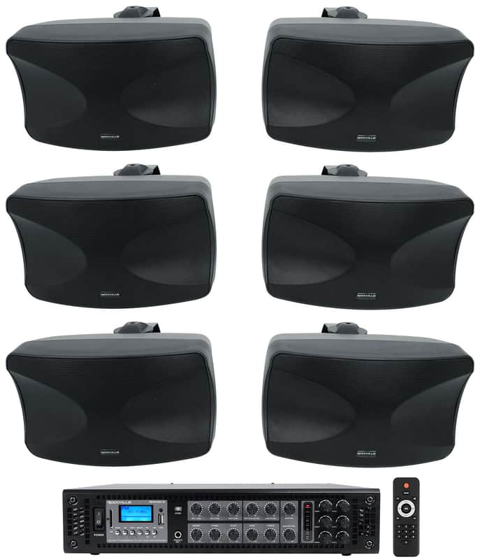 (6) Rockville WET-44 PRO Dual 4" 4-Way Swivel 70V Commercial Speakers in Black+Amp image 1