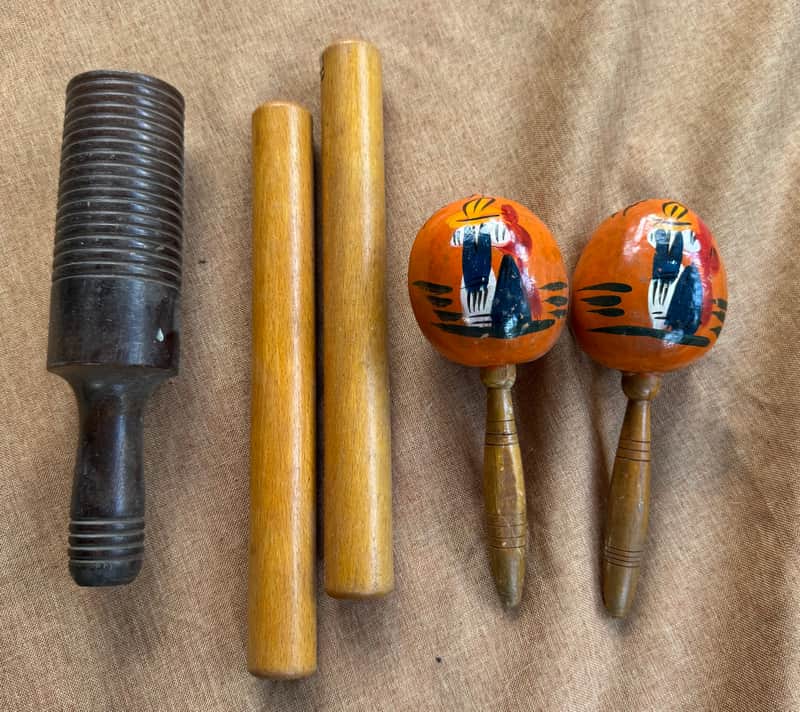 Vintage Hand Painted Maracas Guiro and Rhythm Sticks image 1