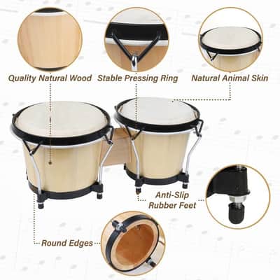 Bongo Drum Set 6 and 7 Inch for Adults & Beginners | Tunable Hand Percussion Instruments, Hickory Wood Shells, Metal Hardware with Tuning Wrench image 3
