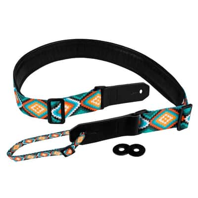 Strap for Guitar Ukrainian Nylon + Leather Ethnic Rhombus Blue Orange Colored image 2