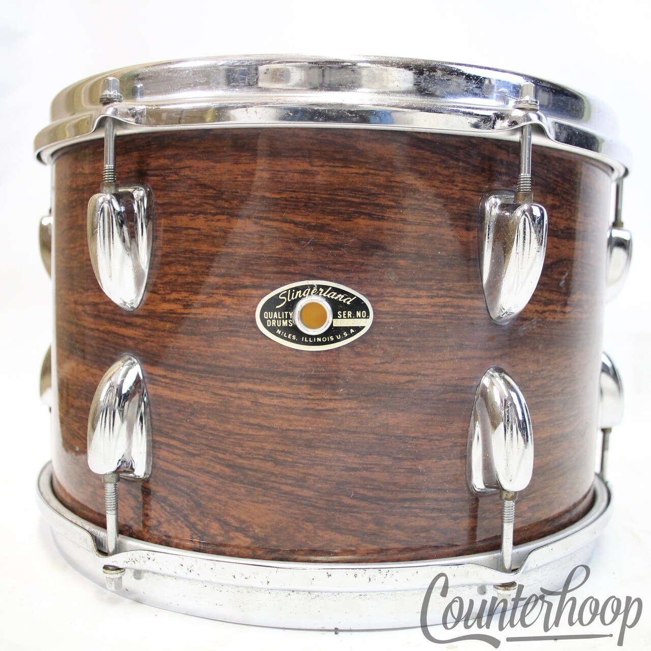 Slingerland 12"x8"Walnut Wood Wrap Tom Drum Chrome Stick-Saver Rims Vintage 70s — main photograph
