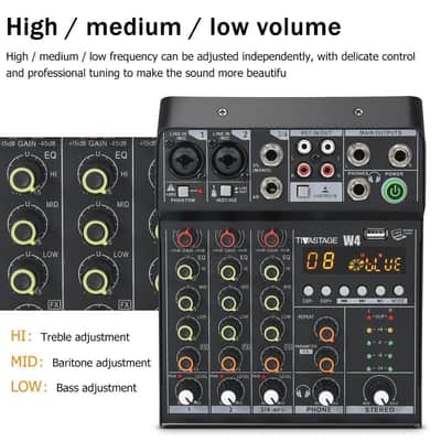 Audio Mixer Audio console Mini4 Portable 4-Channel DJ Mixer Console, Sound Mixing Board with USB BT image 5