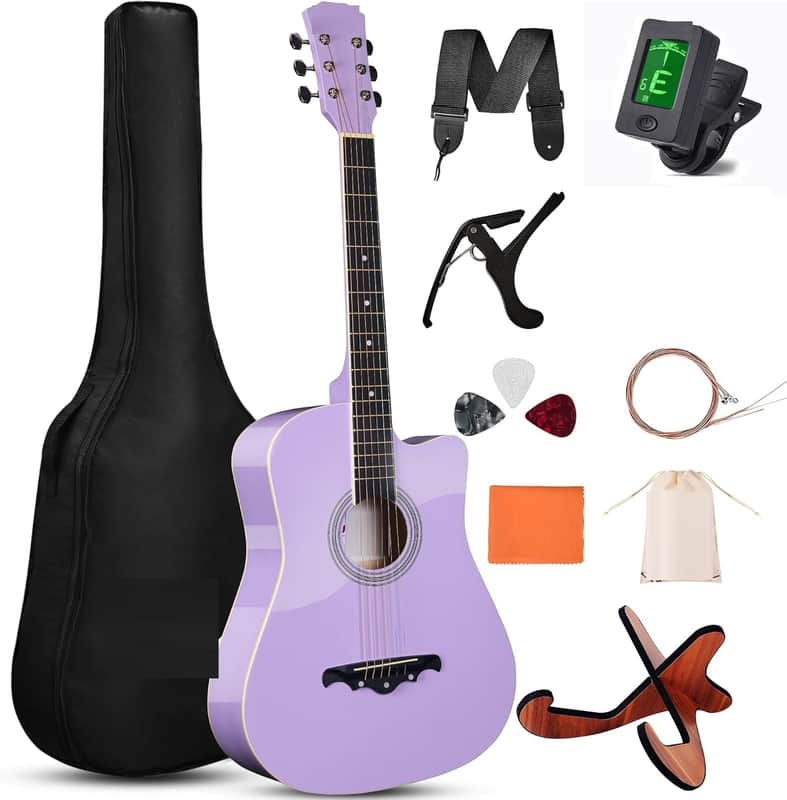 38" Inch Acoustic Guitar Bundle for Beginners Adults with Online Lesson, Cutaway Wood Acustica Guitarra Starter Set Package with Gig Bag, Strap, Steel Strings, Picks, Capos, Stand, Purple 1 image 1